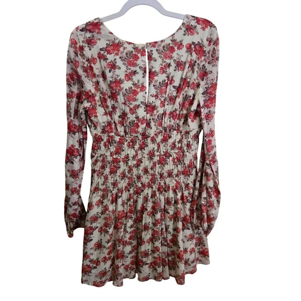 Free People Keep You Smocked Mini Dress Long Balloon Sleeve V Neck Size M